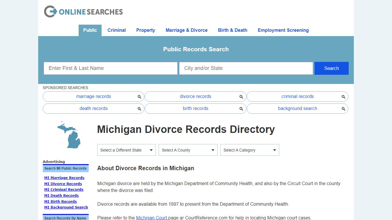 Michigan Divorce Records Search Directory - OnlineSearches.com